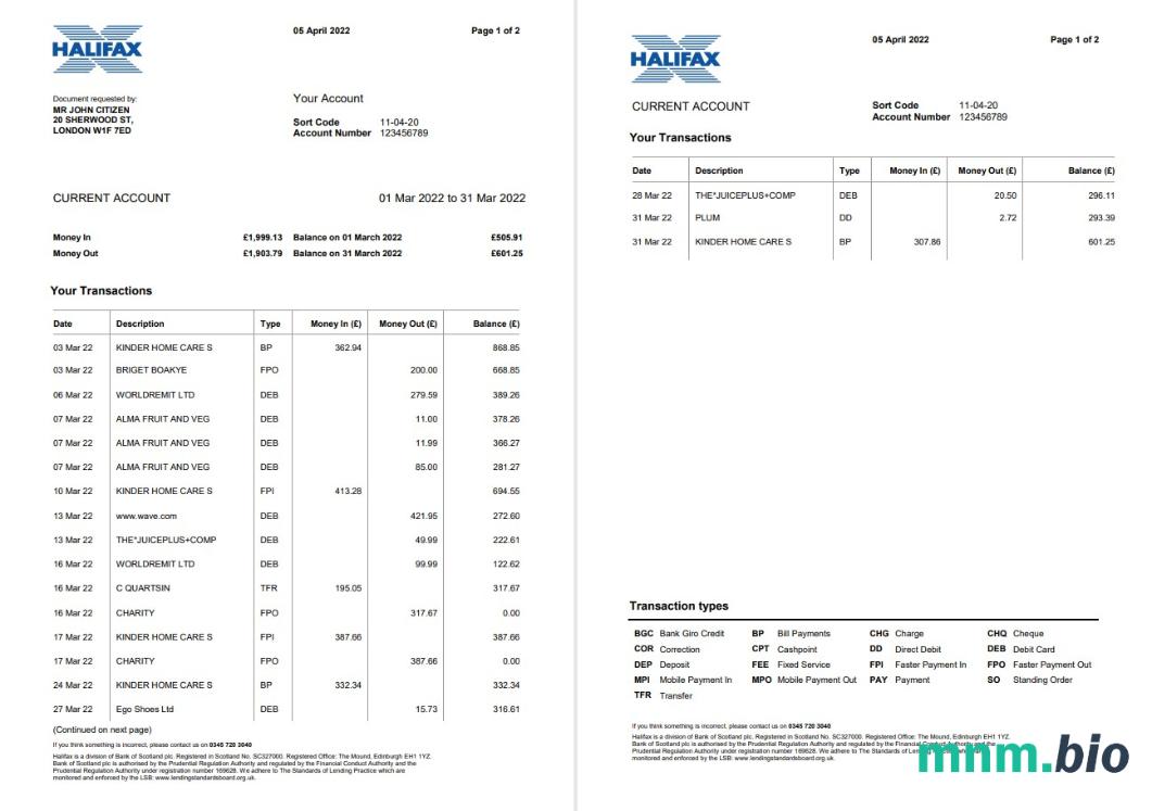 Wielka Brytania Halifax bank dowód adresu szablon oświadczenia w formacie Word i PDF (2 strony)